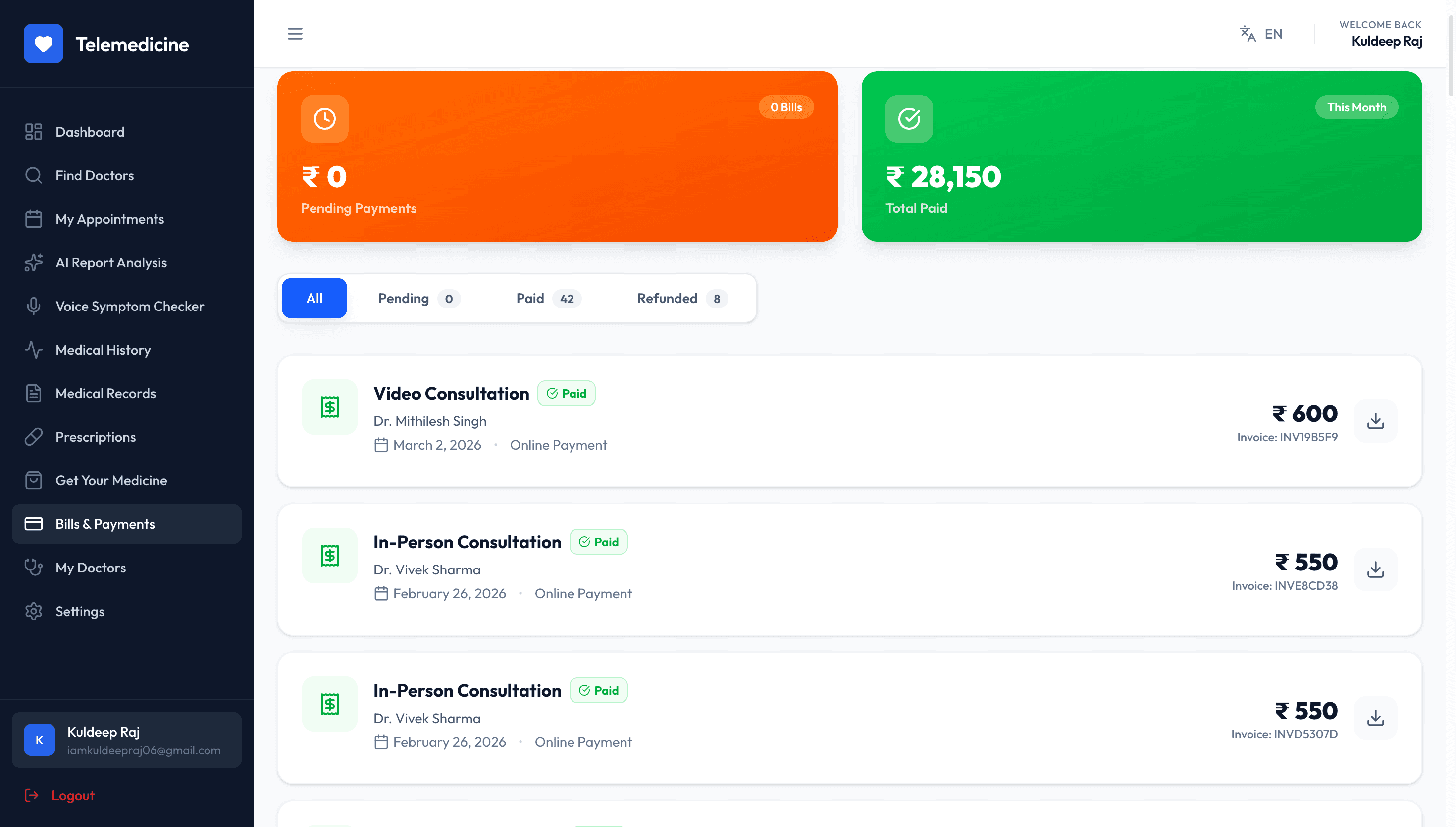 Telemedicine billing screen built by Soonlay