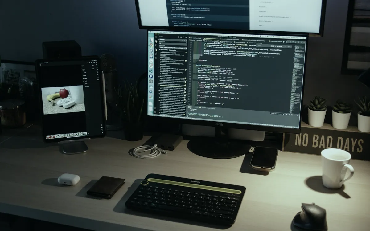 Developer desk with code on a monitor